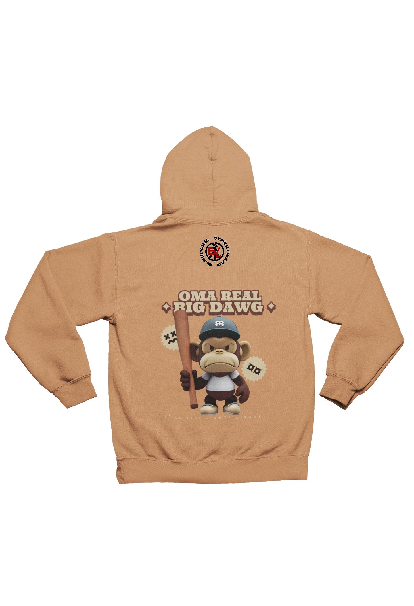 old gold hoodie with a cartoon monkey holding a baseball bat on the back, on a white background