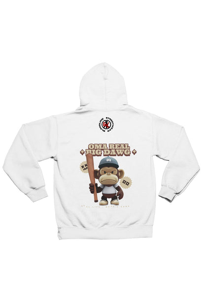 White hoodie with a graphic of a monkey holding a baseball bat and text on the back, on a white background.