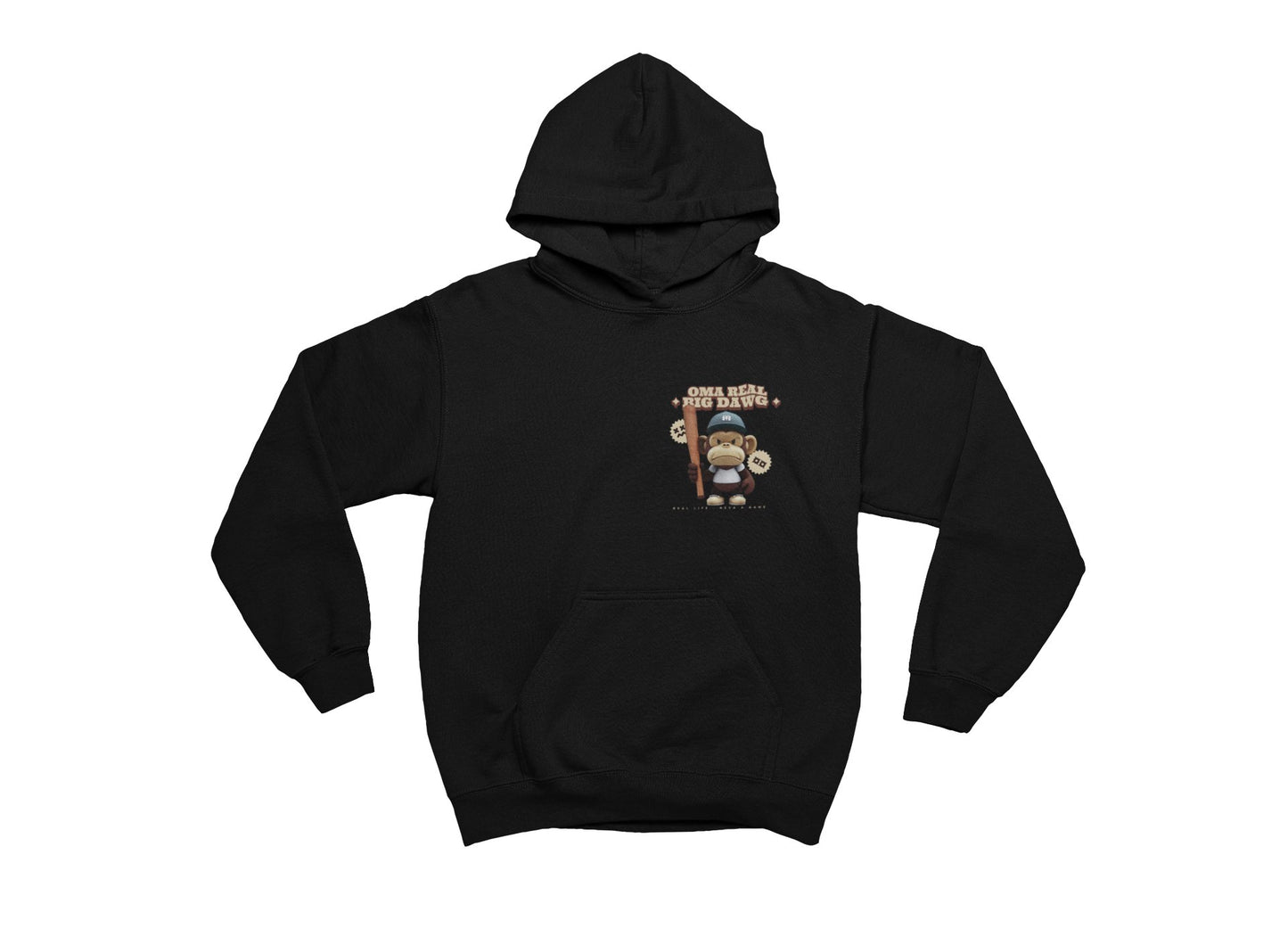 Black hoodie with graphic design on a white background