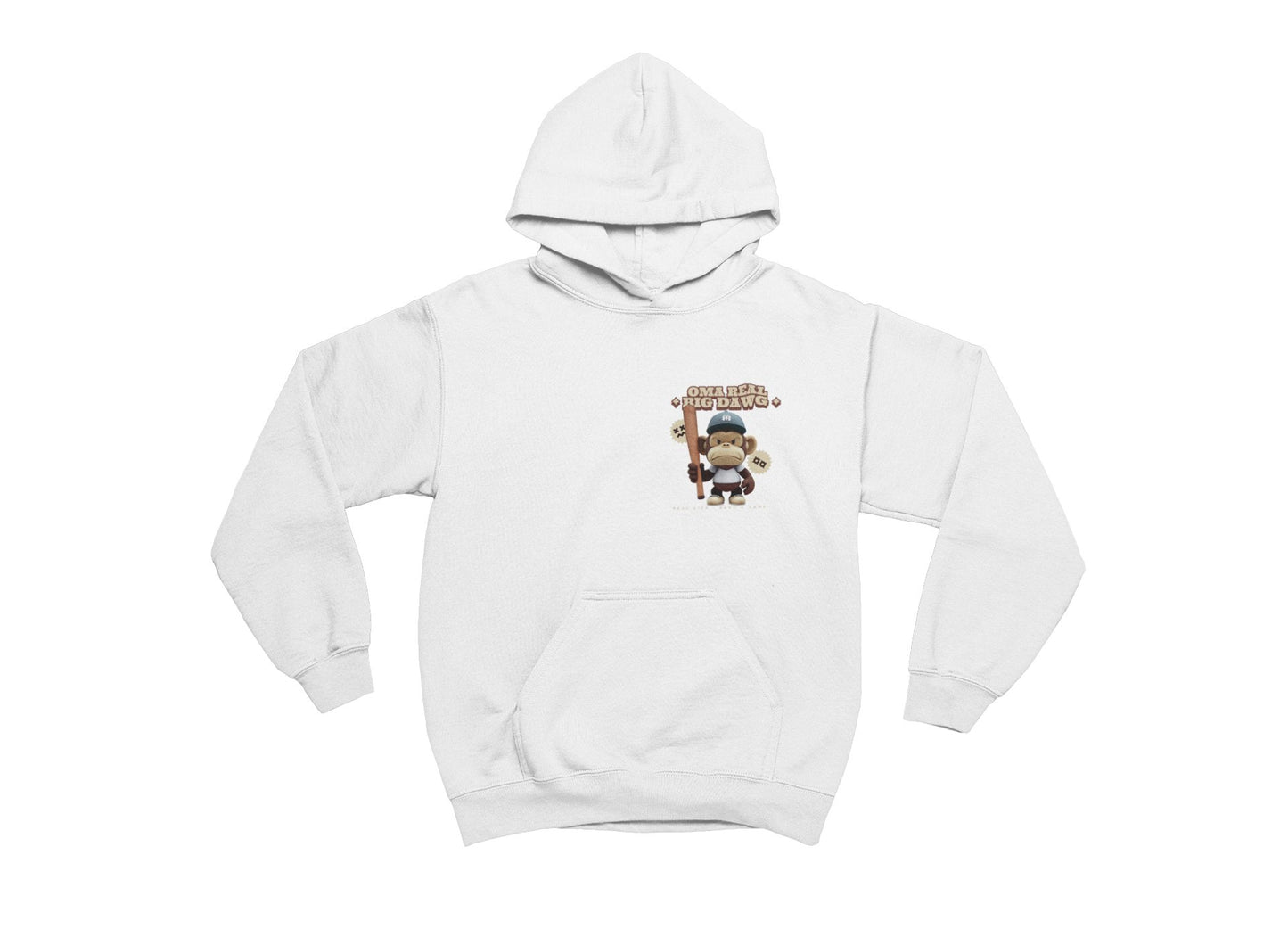 White hoodie with a graphic design on the chest against a white background