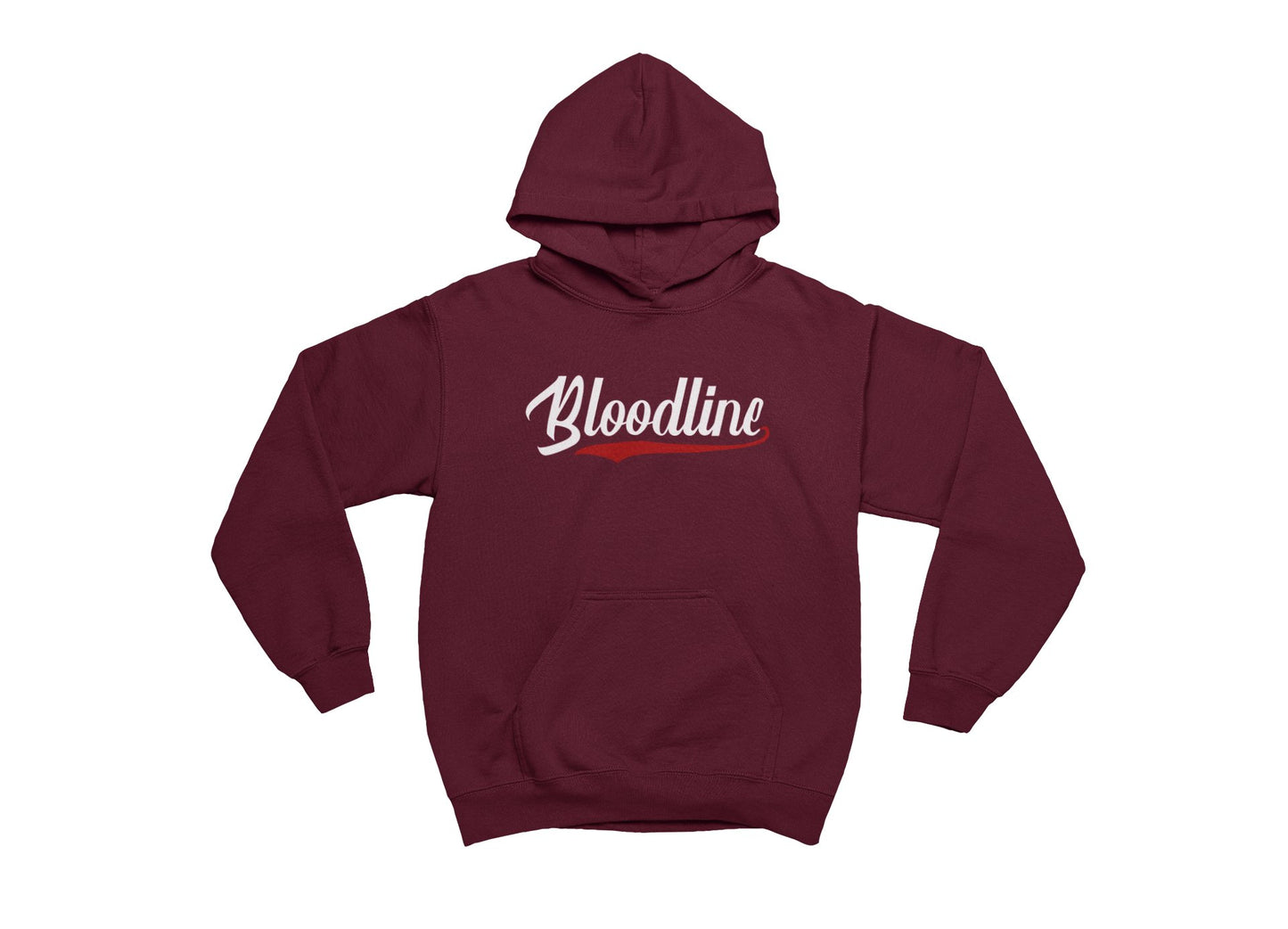 Maroon hoodie with 'Bloodline' text on a white background