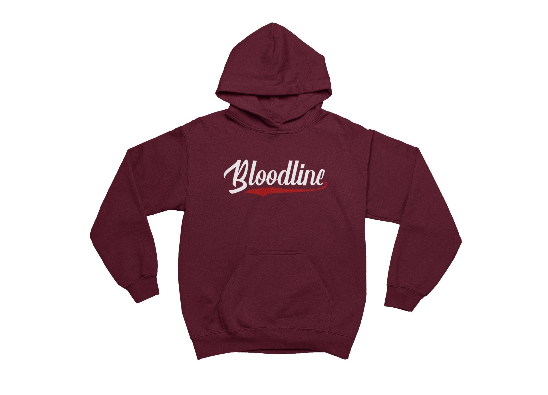 Maroon hoodie with 'Bloodline' text on a white background