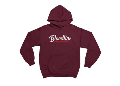 Maroon hoodie with 'Bloodline' text on a white background