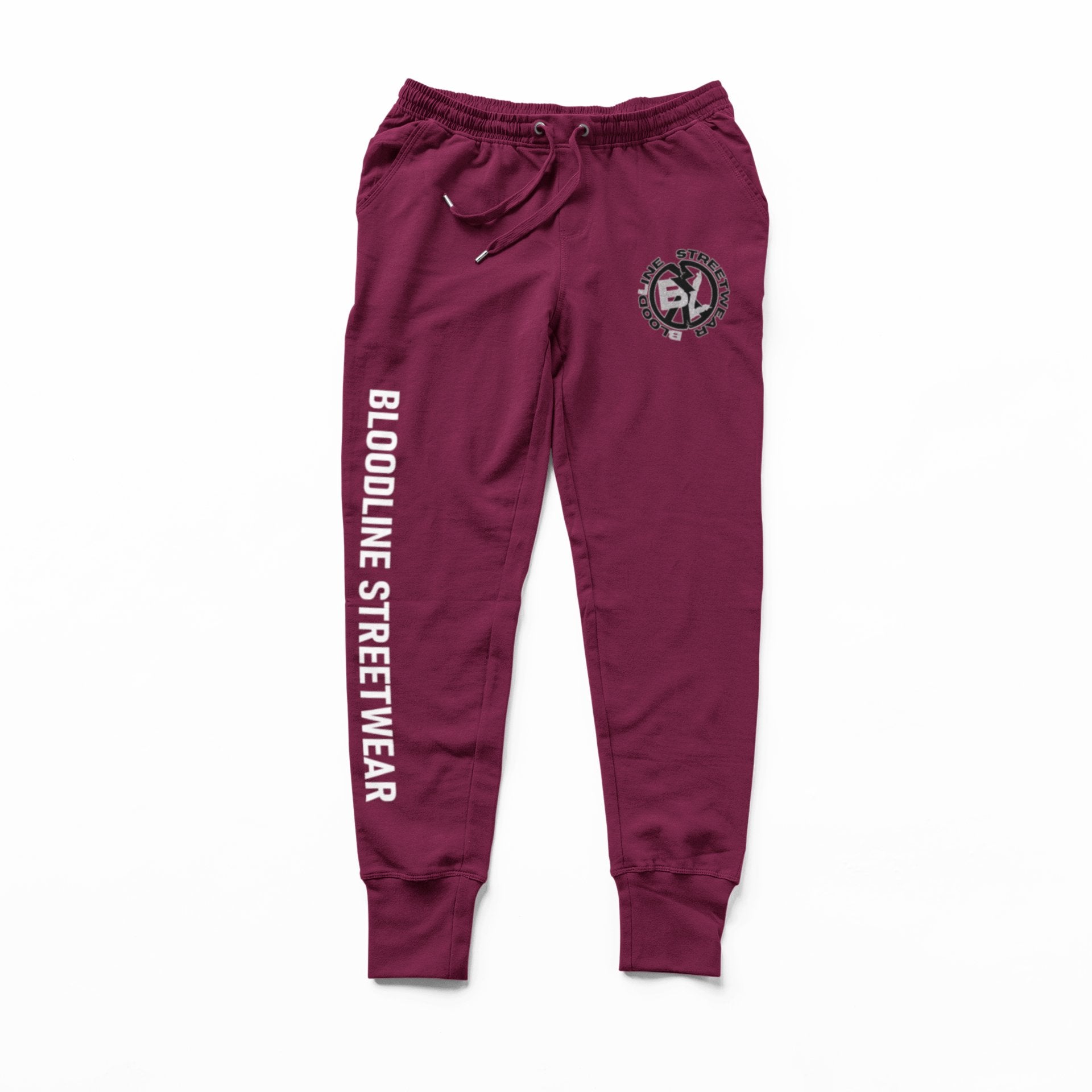 Maroon sweatpants with 'Bloodline Streetwear' branding on a white background