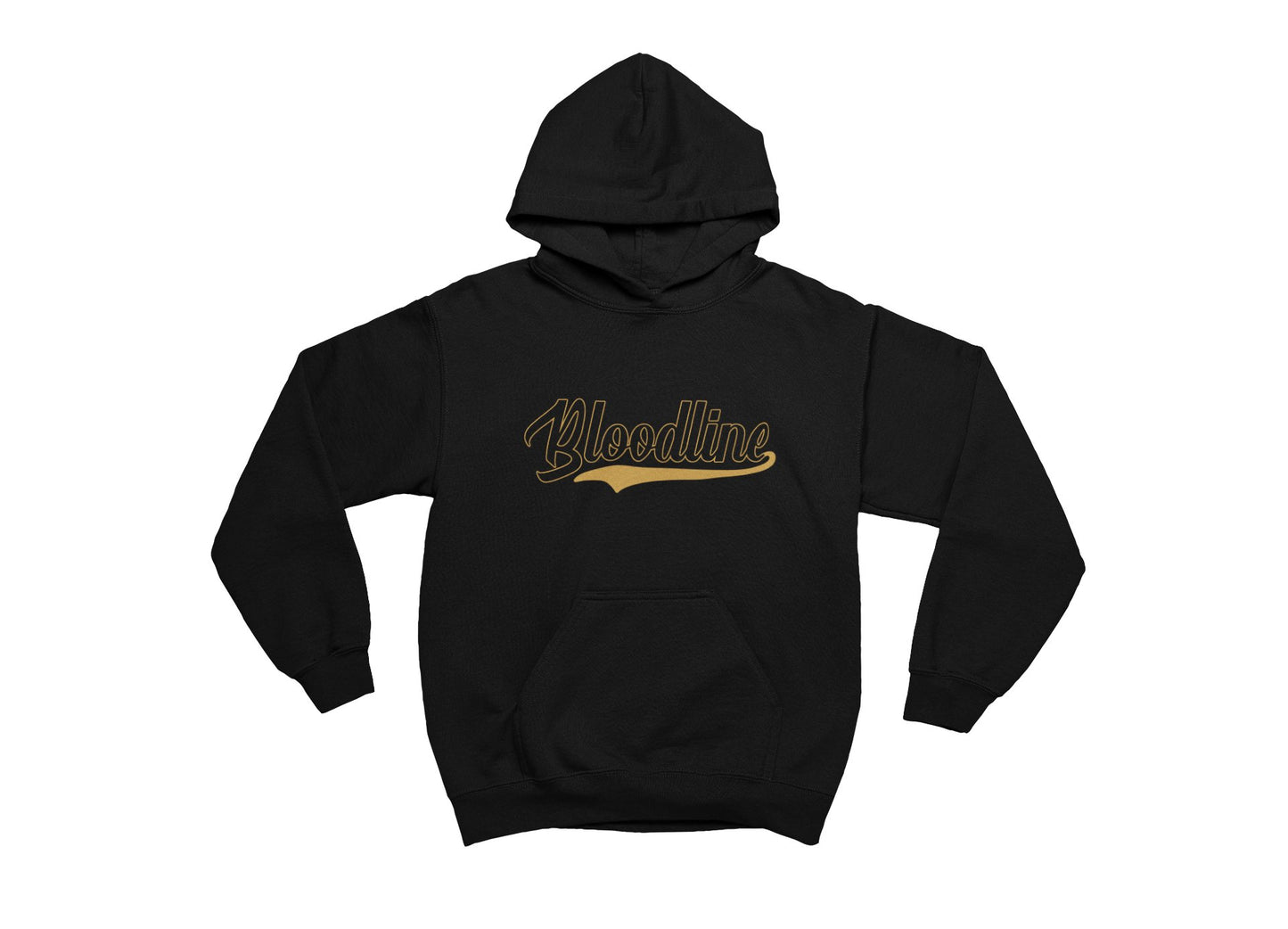 Black hoodie with 'Bloodline' text in gold on a white background