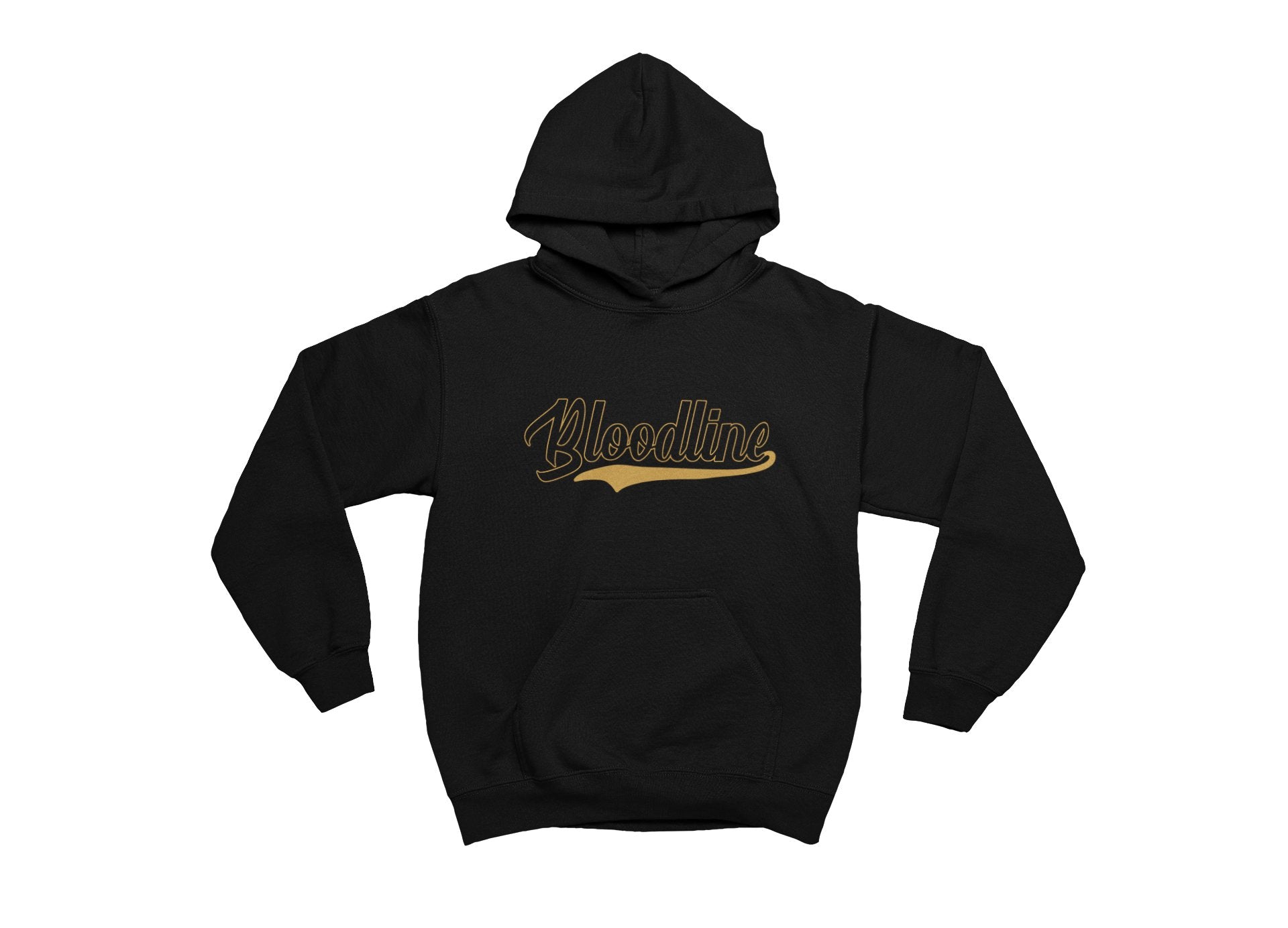 Black hoodie with 'Bloodline' text in gold on a white background