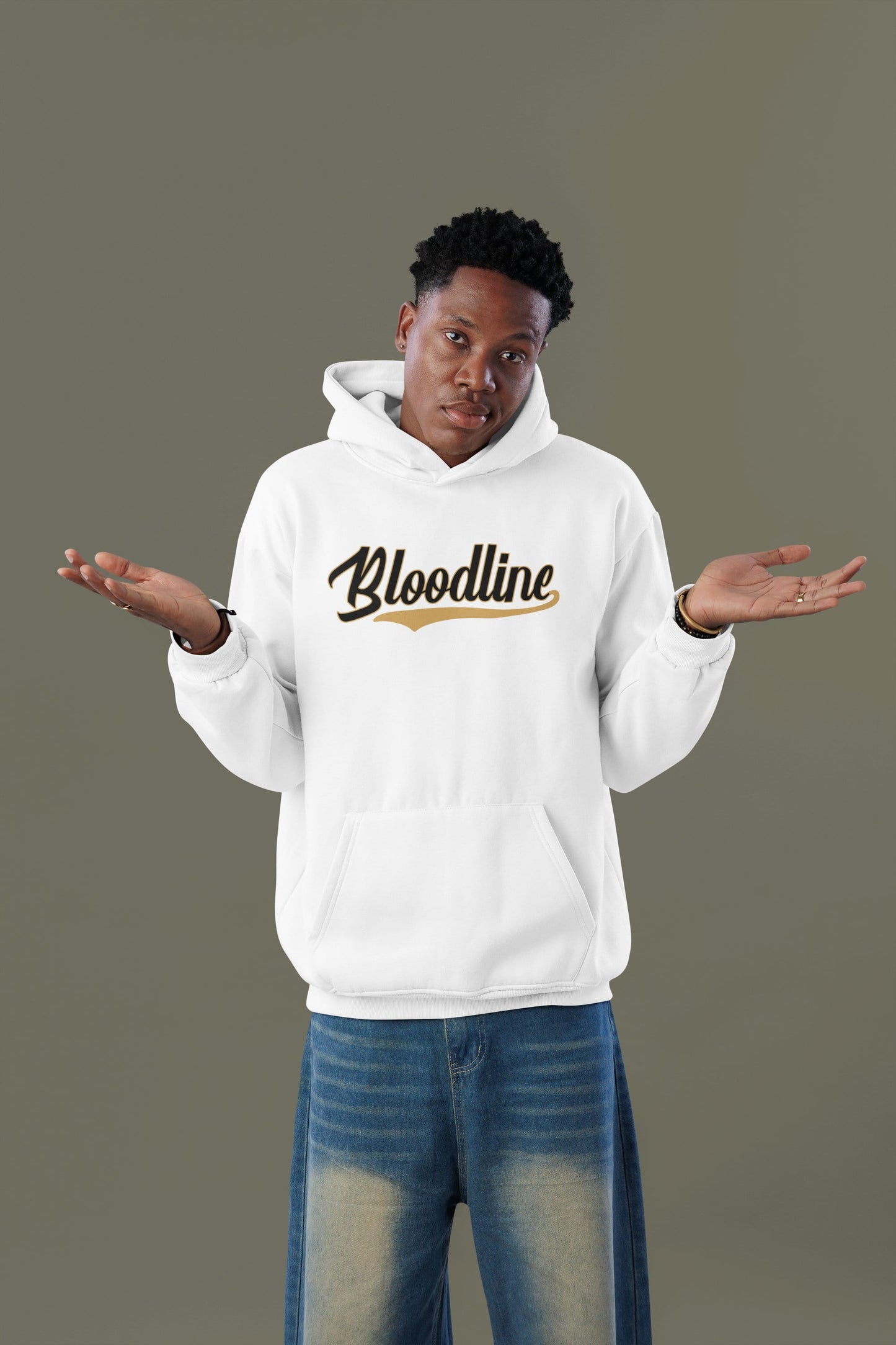 Person wearing a white hoodie with 'Bloodline' text on a gray background