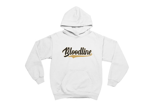 White hoodie with 'Bloodline' text on a white background