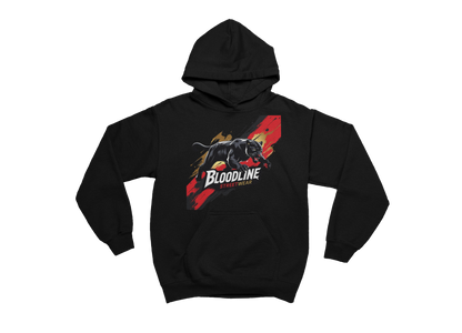 Black hoodie with 'Bloodline' graphic design on a white background