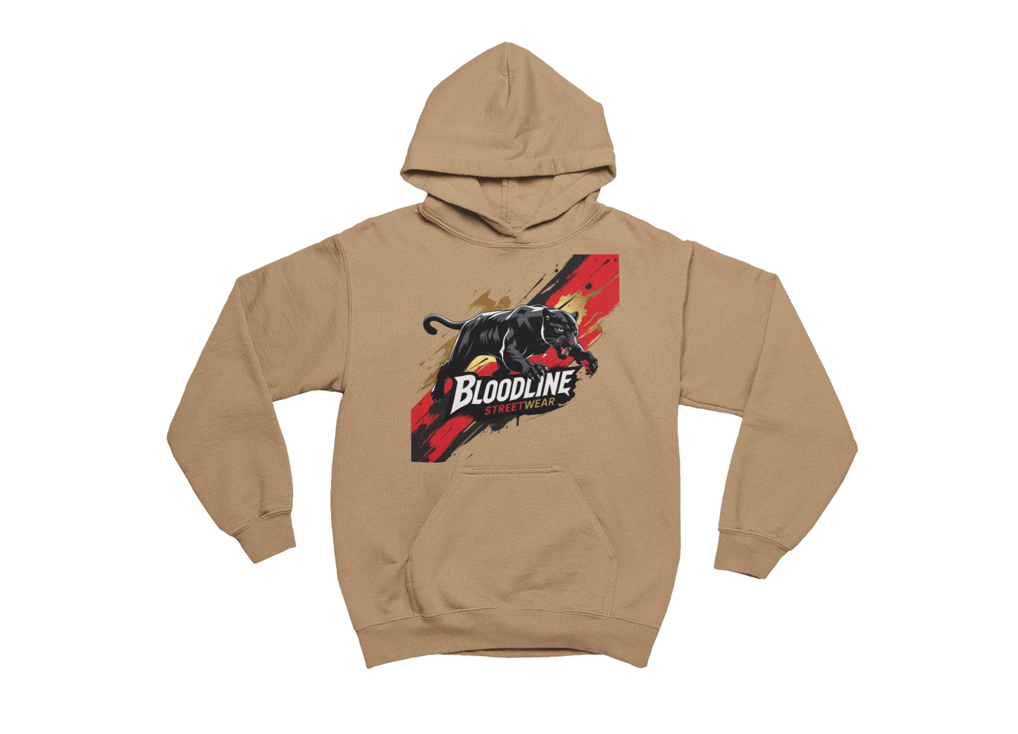 tan hoodie with a panther graphic and 'Bloodline' text on a white background