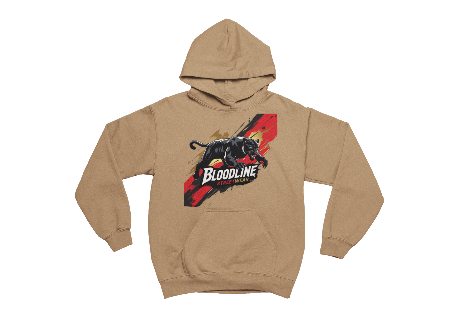 tan hoodie with a panther graphic and 'Bloodline' text on a white background
