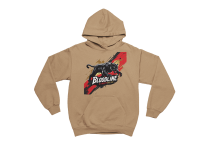tan hoodie with a panther graphic and 'Bloodline' text on a white background