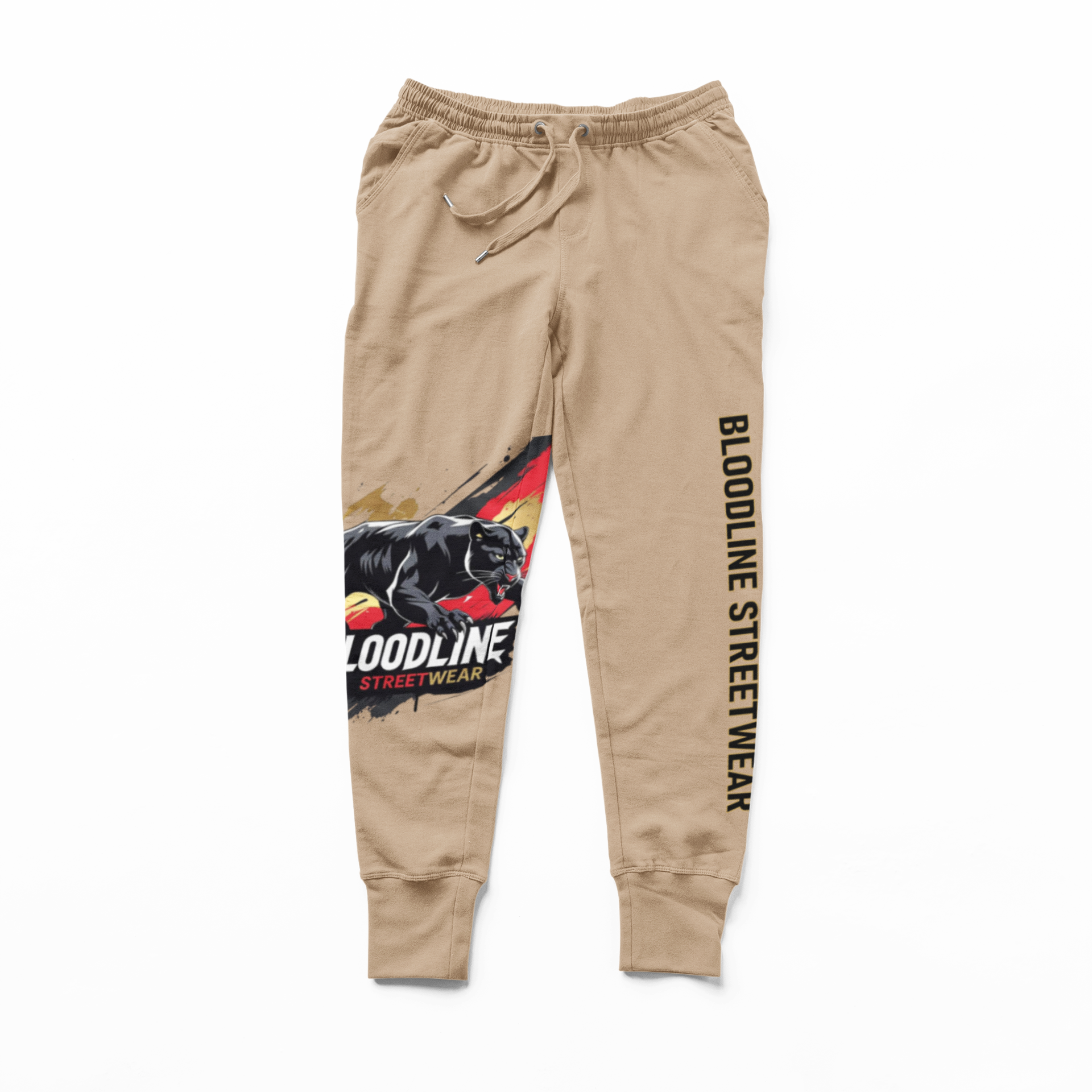 Tan sweatpants with a graphic design and 'Bloodline Streetwear' text on a white background