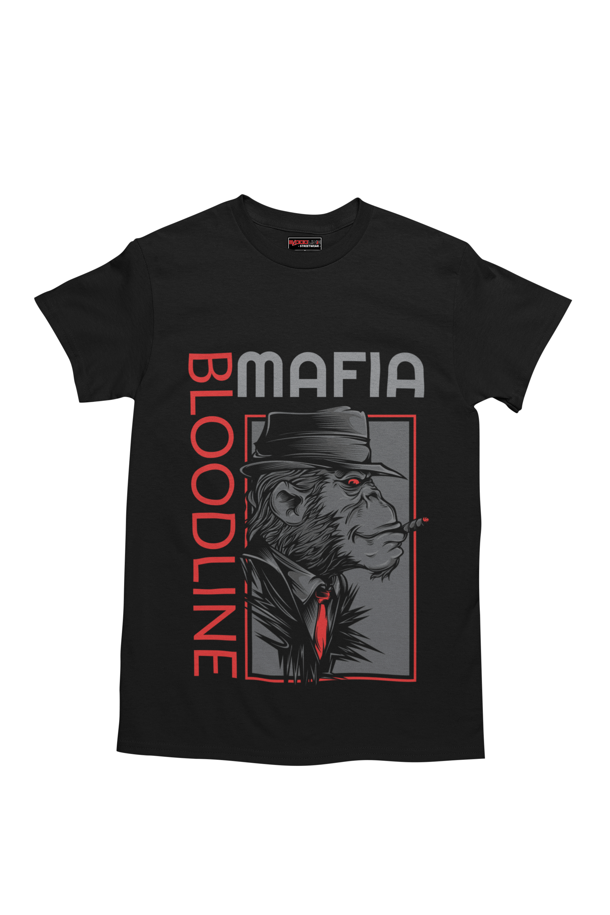 Black t-shirt with mafia-themed design featuring a lion and text on a white background