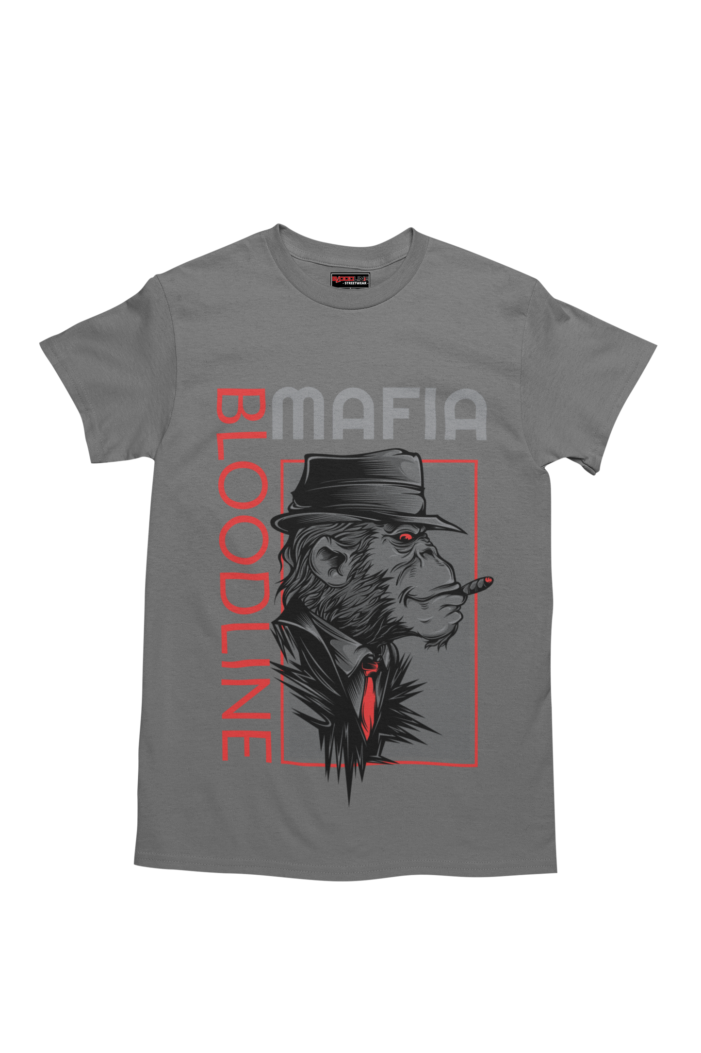 Charcoal t-shirt with a graphic of a monkey wearing a hat and text 'Mafia Bloodline' on a white background