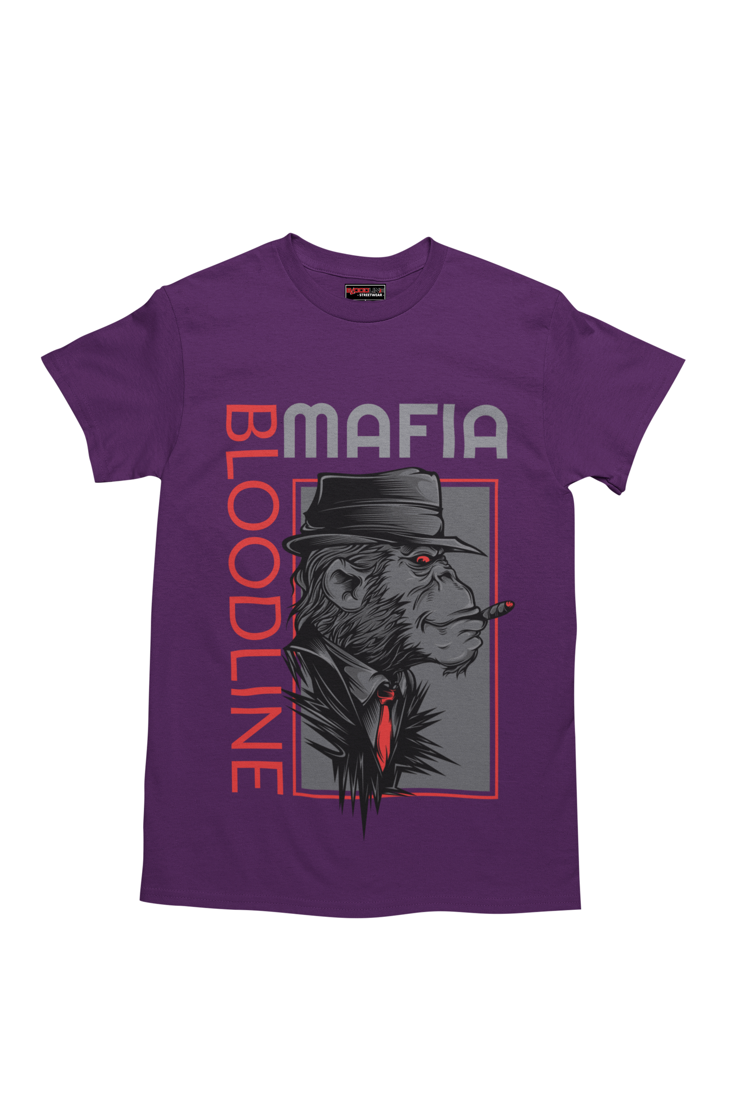 Purple t-shirt with a graphic of a monkey wearing a hat and text 'MAFIA BLOODLINE' on a white background.