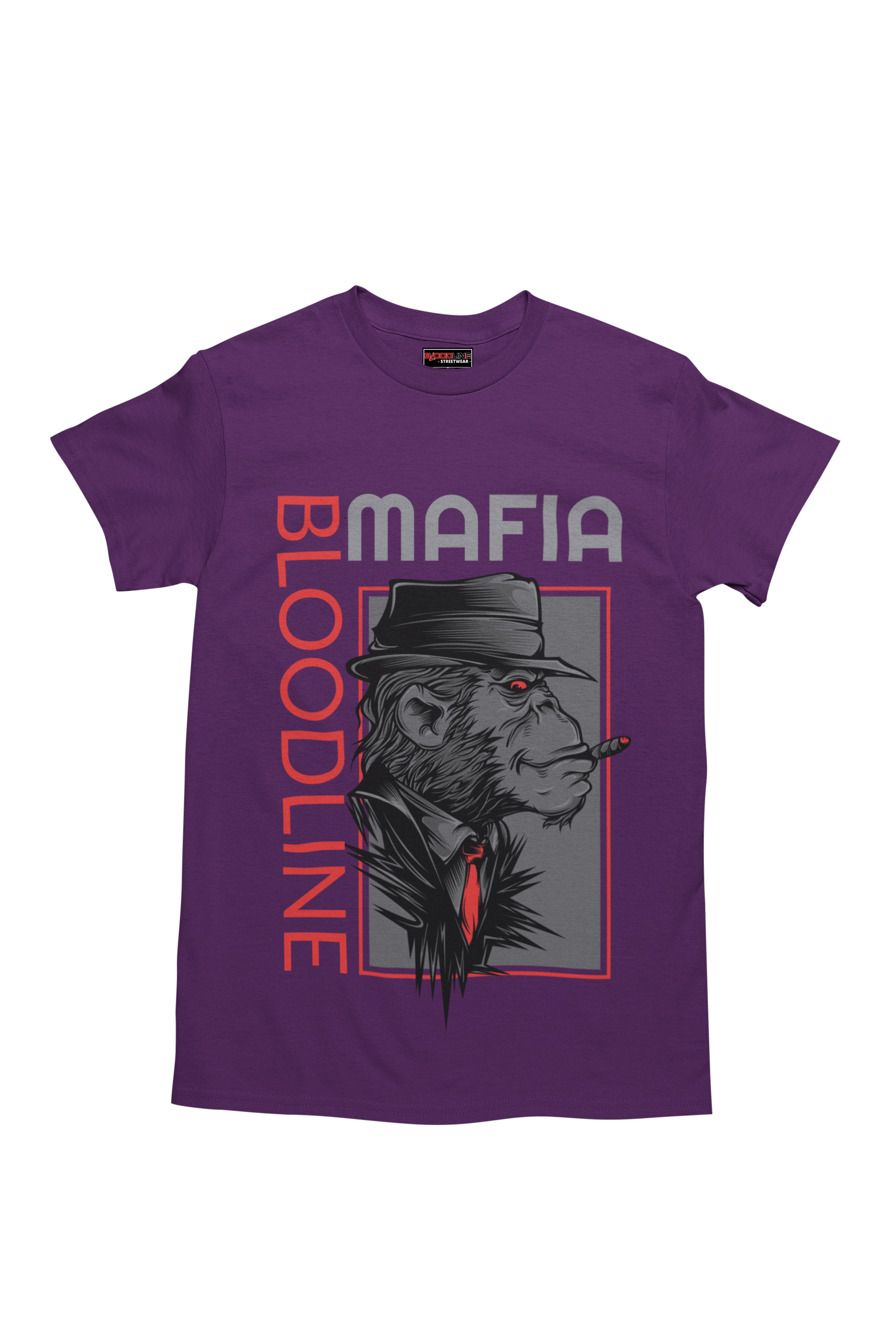 Purple t-shirt with a graphic of a monkey wearing a hat and text 'MAFIA BLOODLINE' on a white background.
