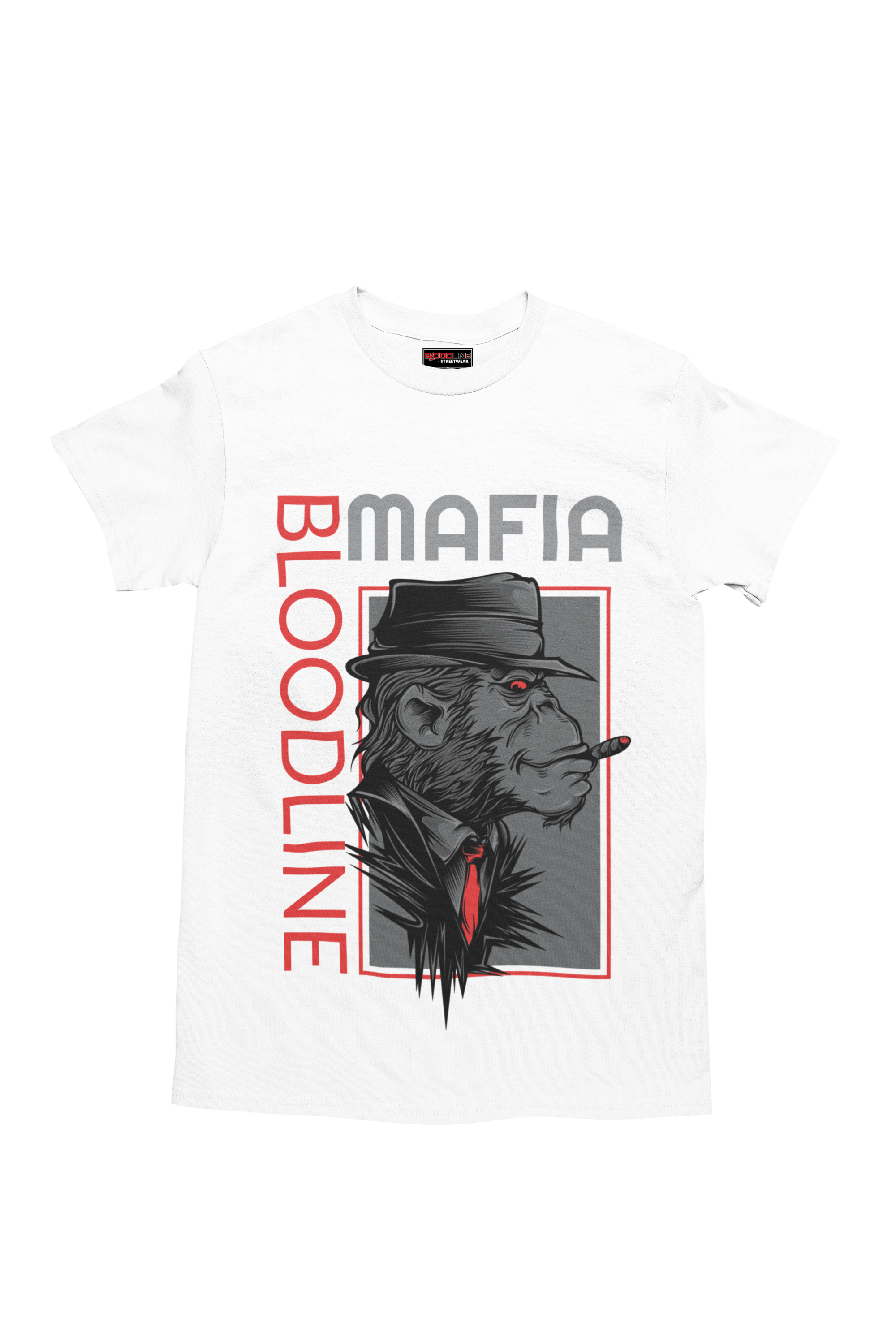 White t-shirt with a graphic design of a monkey wearing a hat and text 'Mafia Bloodline' on a white background.