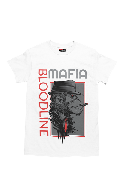 White t-shirt with a graphic design of a monkey wearing a hat and text 'Mafia Bloodline' on a white background.
