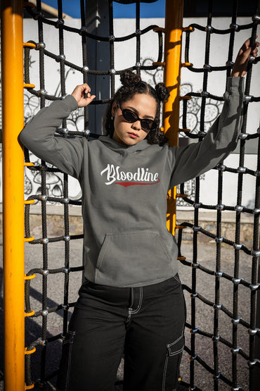 Person wearing a gray hoodie with 'Bloodline' text, standing on playground equipment.