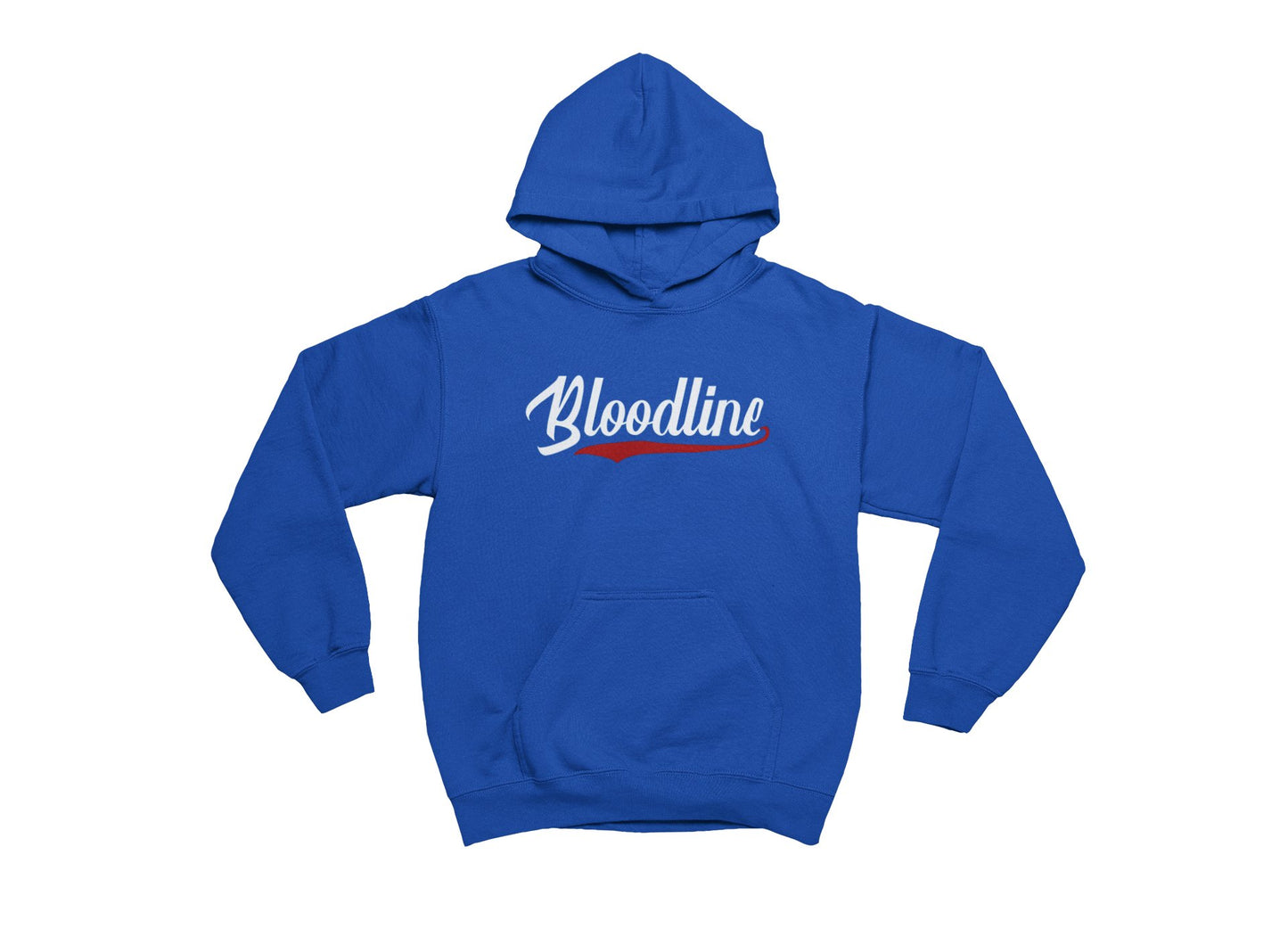 True blue hoodie with 'Bloodline' text on a white background