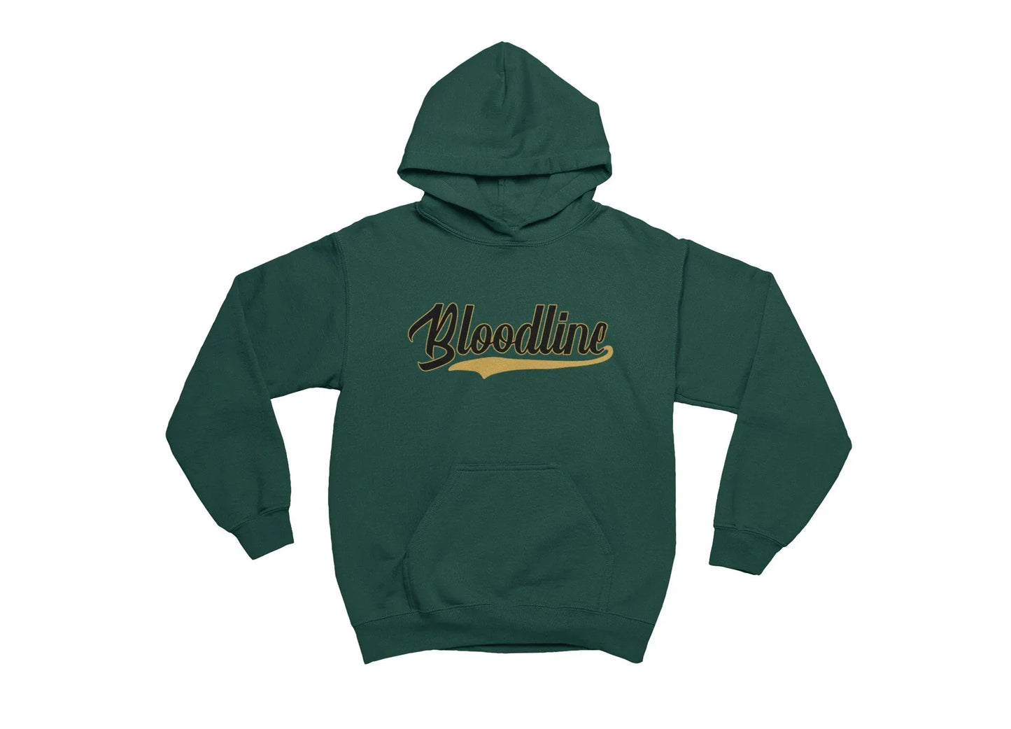 A dark green pullover hoodie with a front kangaroo pocket and a 'Bloodline' graphic across the chest in a stylized brown and gold font, shown against a plain white background.