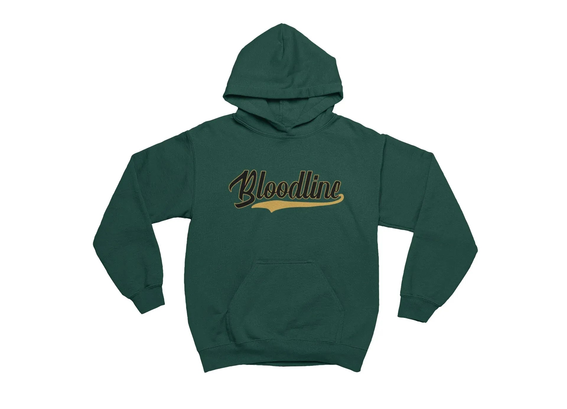 A dark green pullover hoodie with a front kangaroo pocket and a 'Bloodline' graphic across the chest in a stylized brown and gold font, shown against a plain white background.