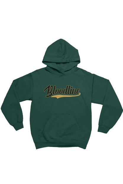 A dark green pullover hoodie with a front kangaroo pocket and a 'Bloodline' graphic across the chest in a stylized brown and gold font, shown against a plain white background.