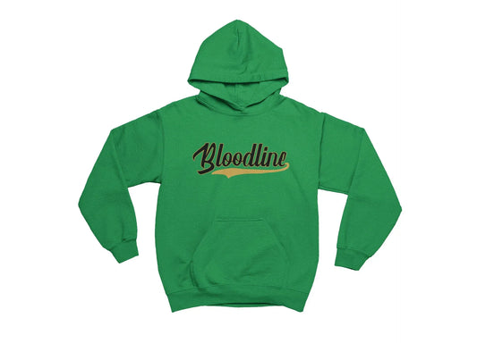 Green hoodie with 'Bloodline' text on a white background