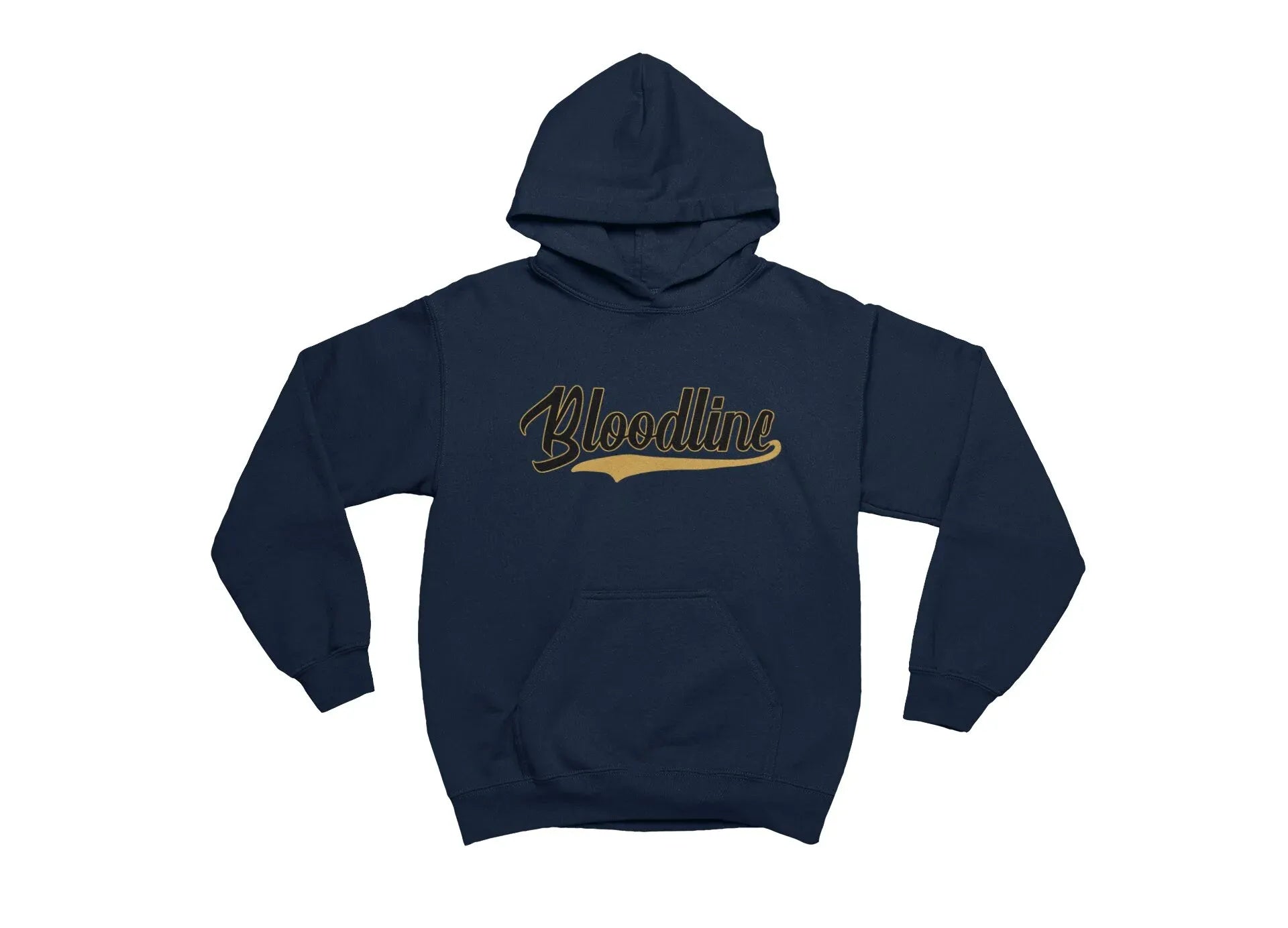 Navy blue hoodie with 'Bloodline' text in gold on a white background