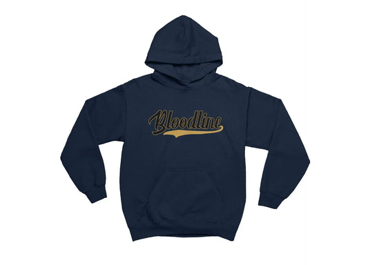 Navy blue hoodie with 'Bloodline' text in gold on a white background