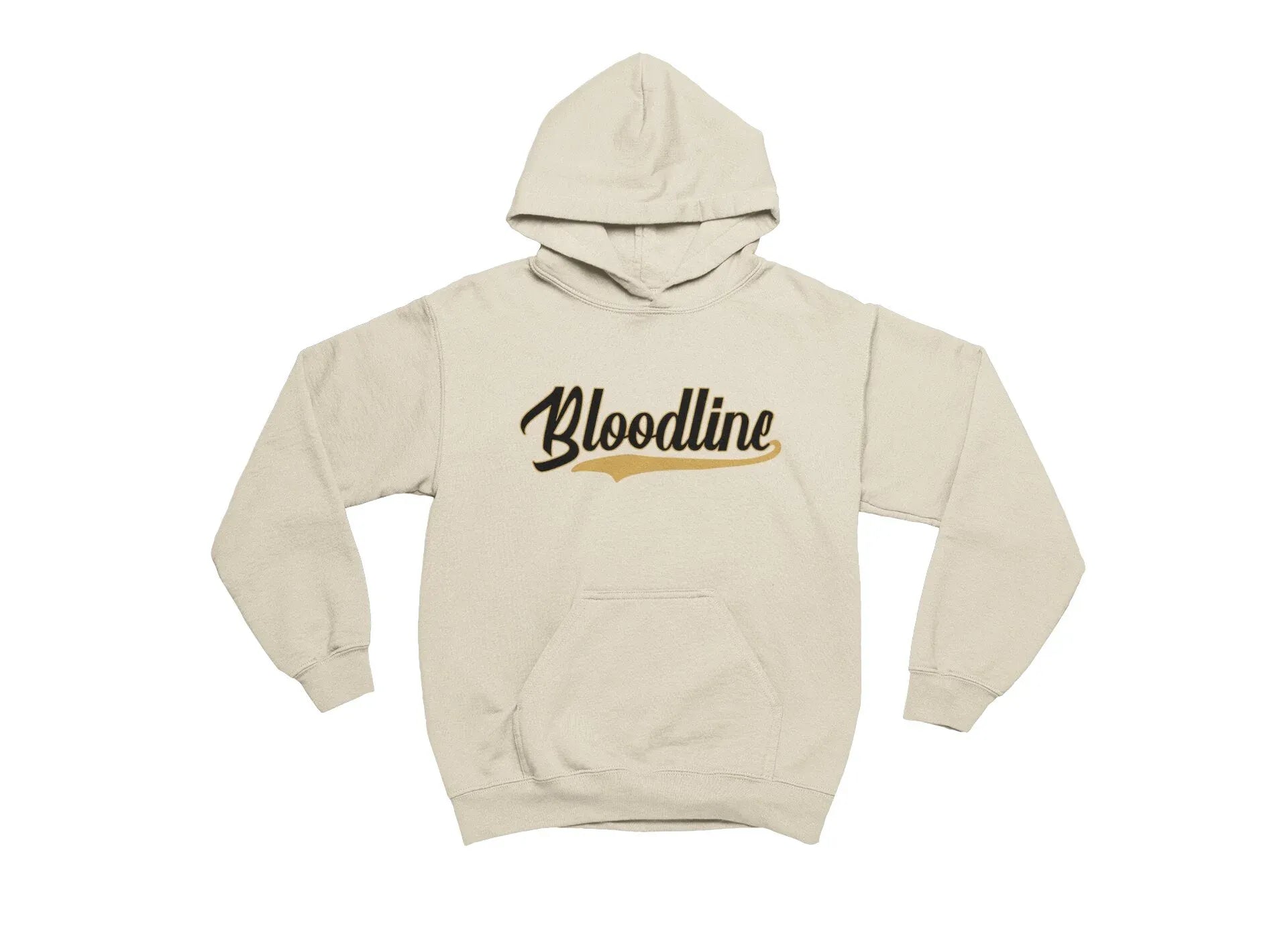 Beige hoodie with 'Bloodline' text on a white background