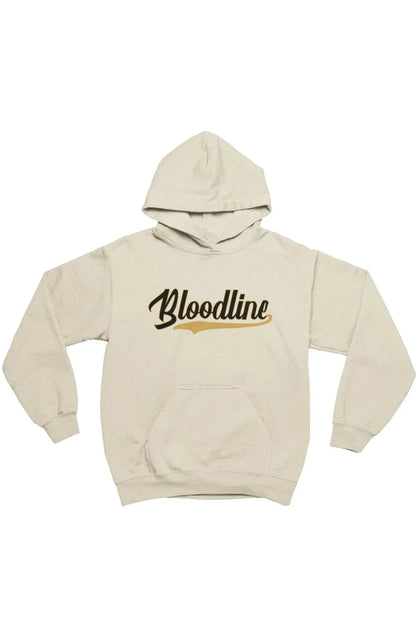 Beige hoodie with 'Bloodline' text on a white background
