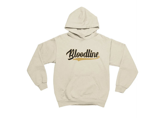 Beige hoodie with 'Bloodline' text on a white background