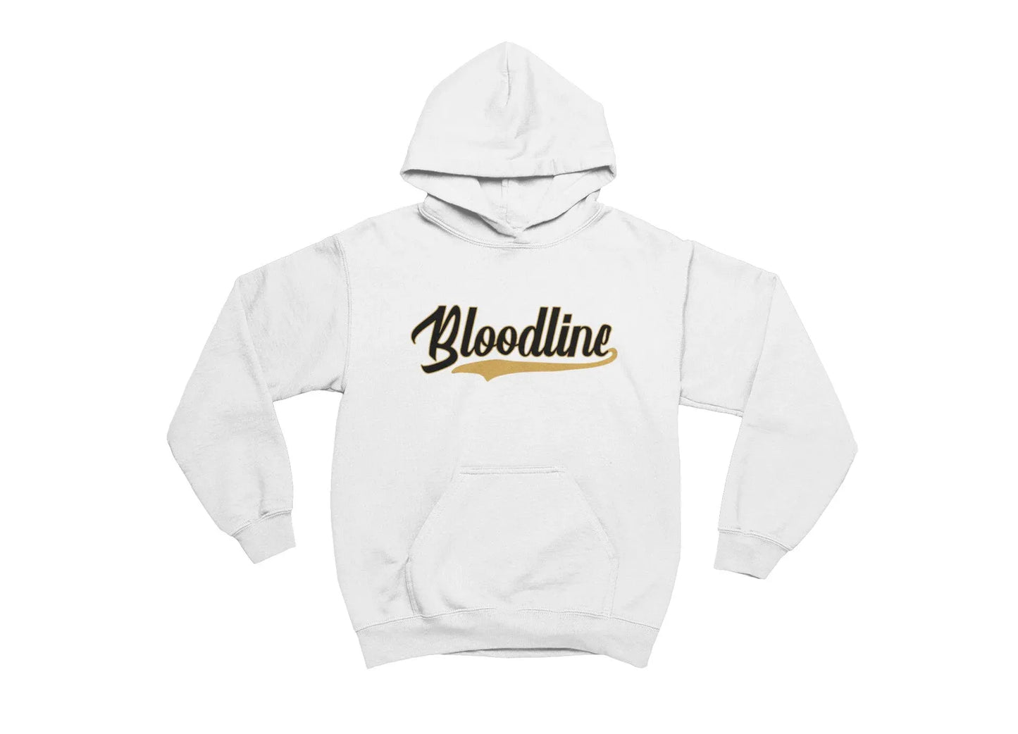 White hoodie with 'Bloodline' text on a white background