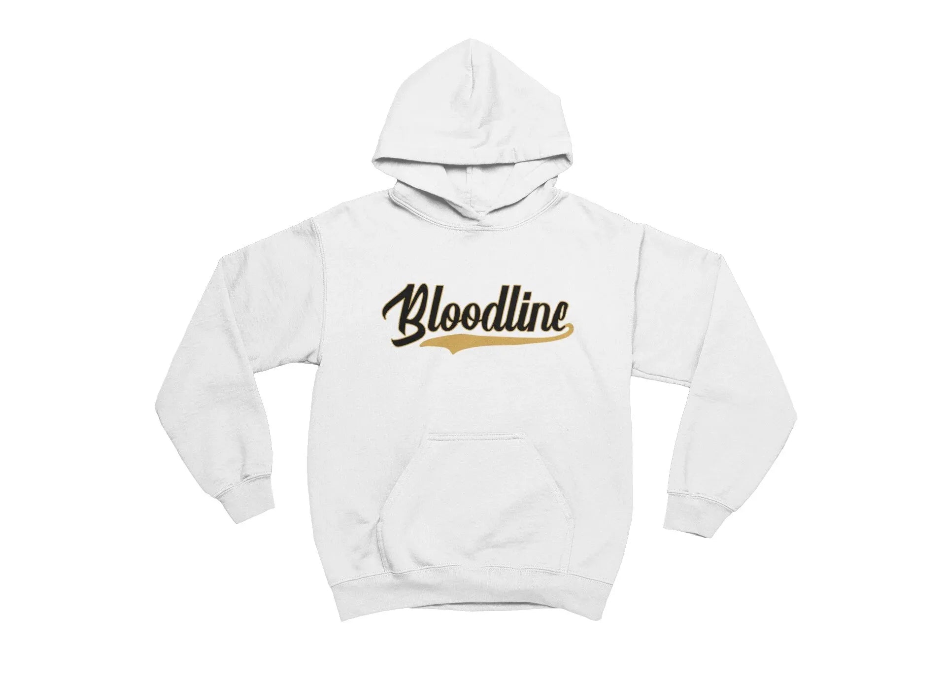 White hoodie with 'Bloodline' text on a white background