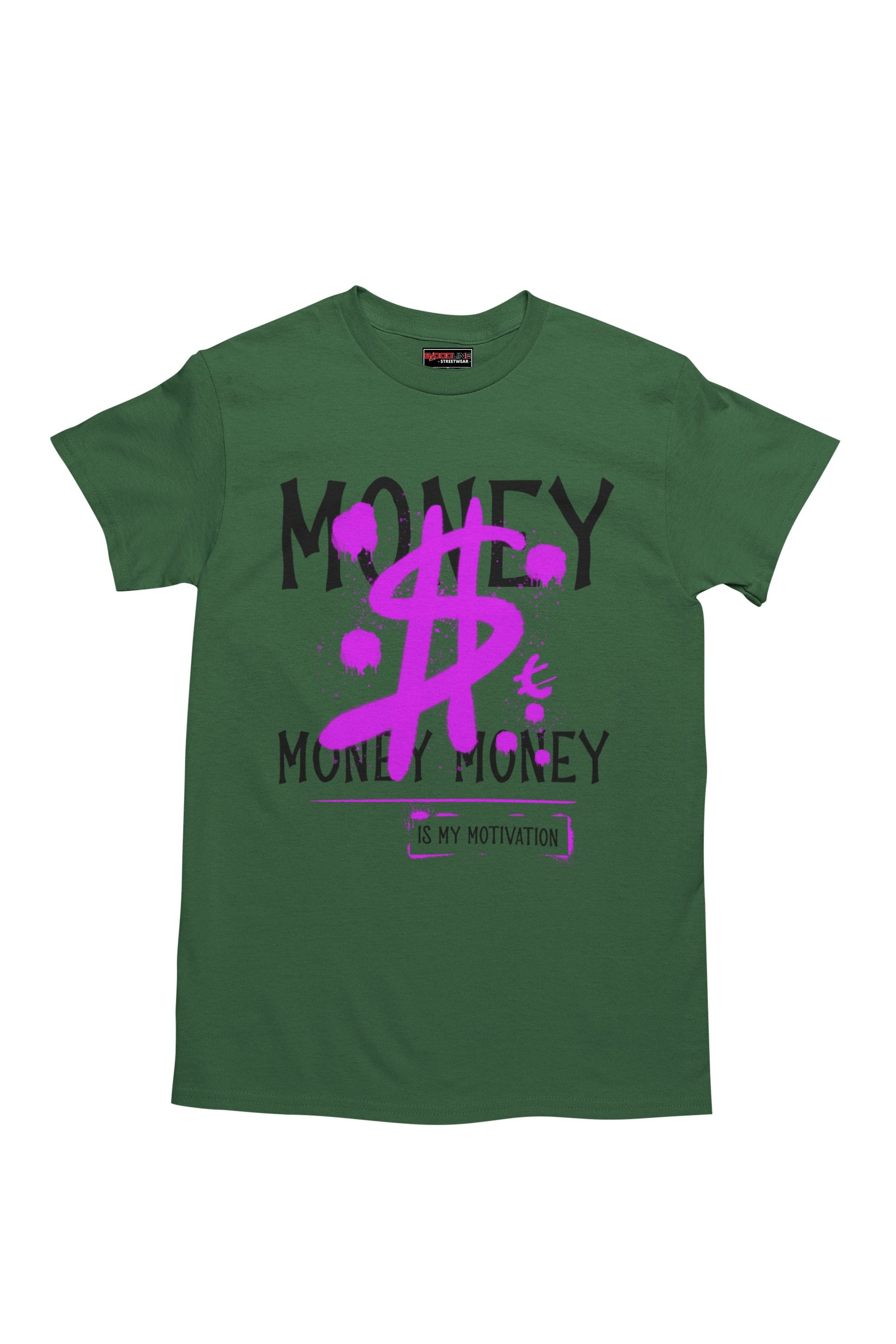 Forest green t-shirt with purple and black graphic design on a white background