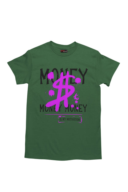 Forest green t-shirt with purple and black graphic design on a white background