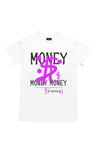 White t-shirt with black and pink text and graphics on a white background