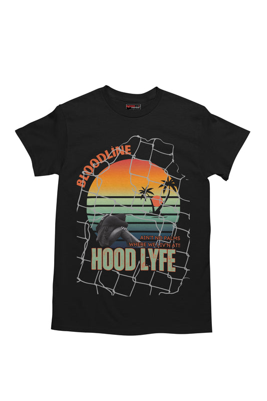 Black t-shirt with 'Hood Lyfe' graphic design on a white background