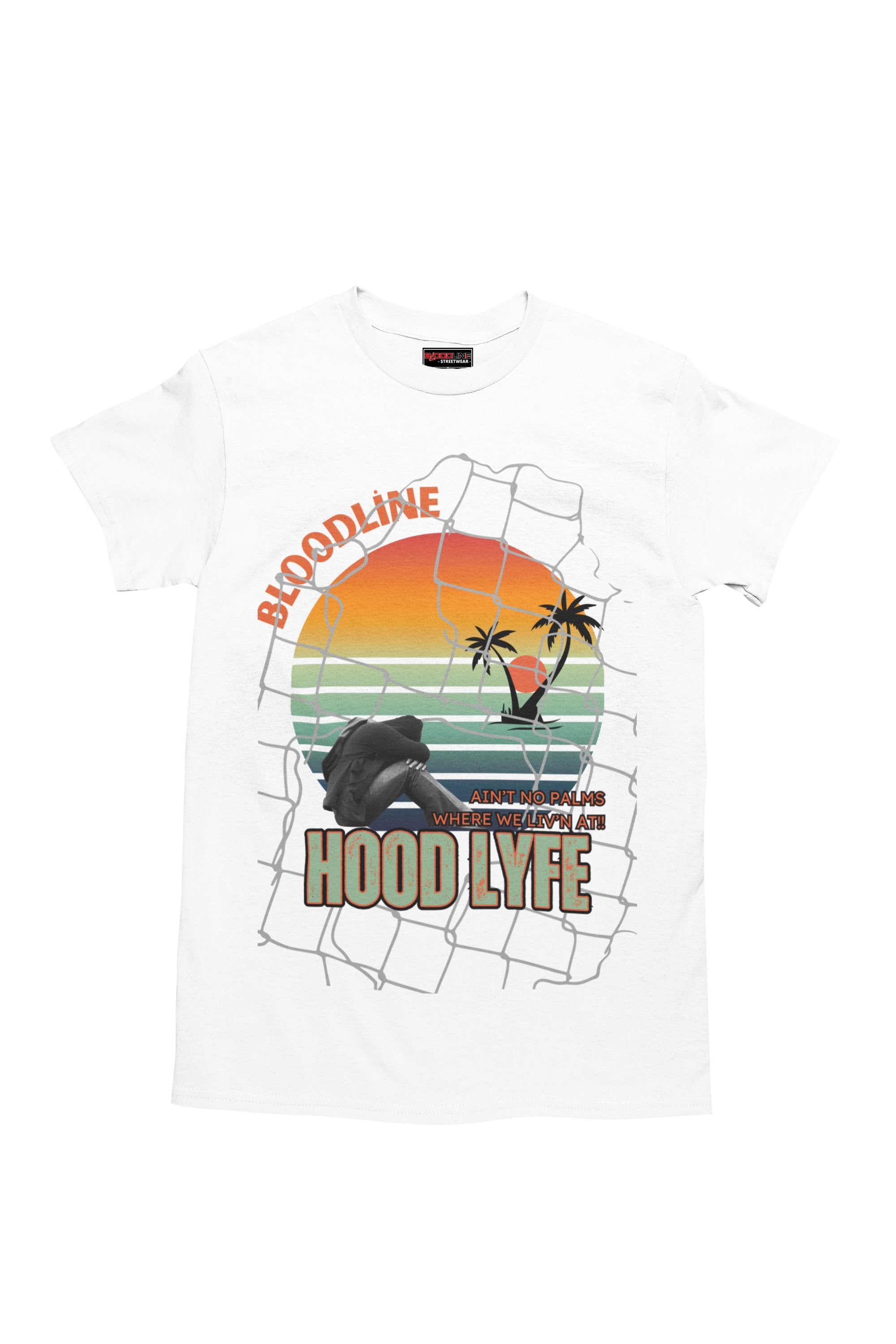 White t-shirt with graphic design and text on a white background