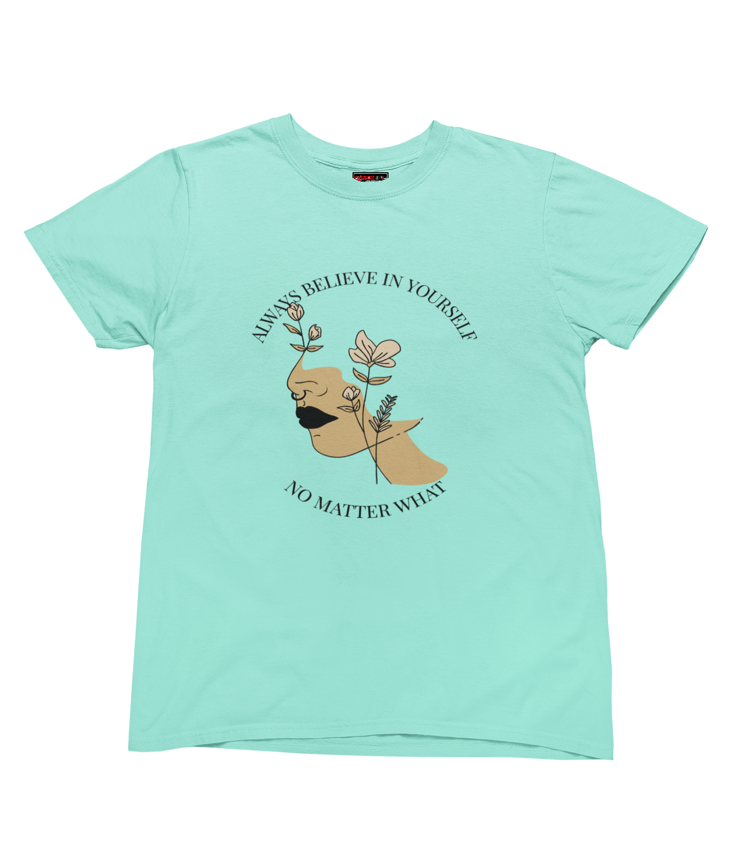 Mint t-shirt with a graphic design and text on a white background