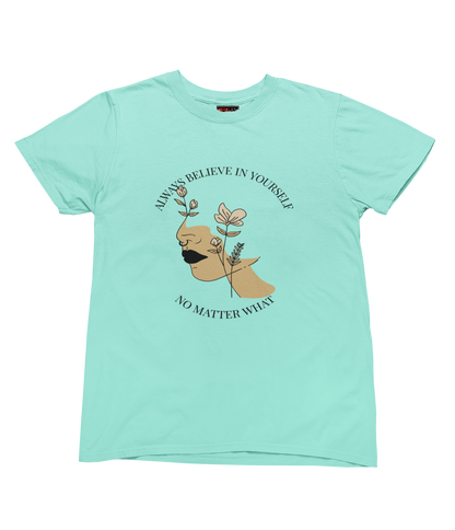Mint t-shirt with a graphic design and text on a white background