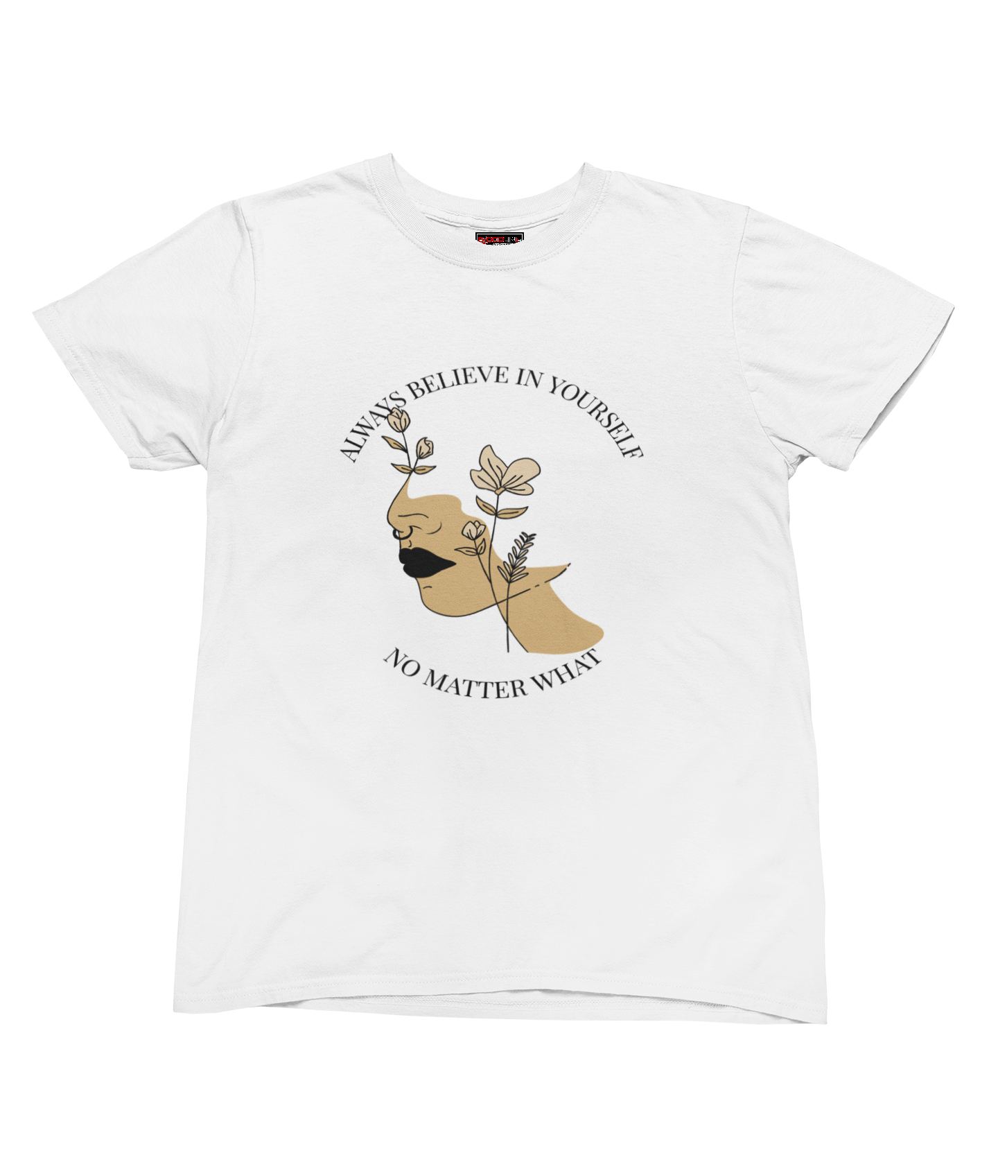 White t-shirt with a graphic design of a face with flowers and text on a white background