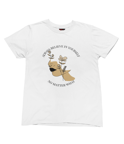 White t-shirt with a graphic design of a face with flowers and text on a white background