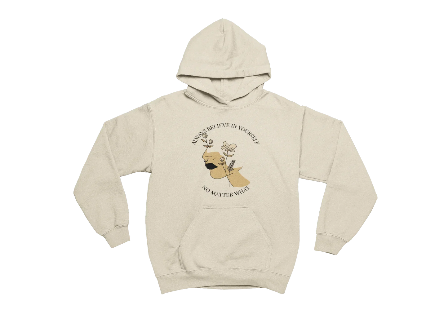 Beige hoodie with a graphic of a dog and motivational quote on a white background