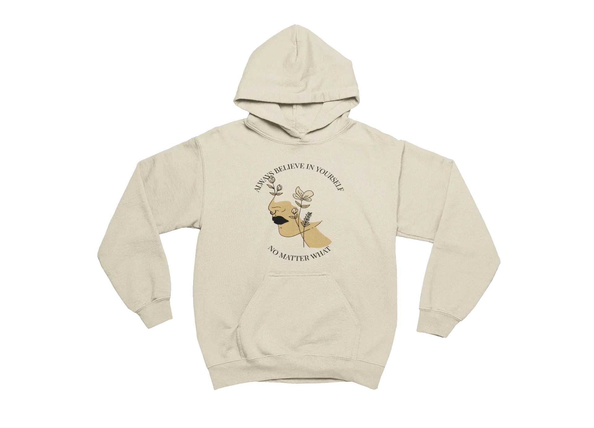Beige hoodie with a graphic of a dog and motivational quote on a white background