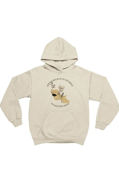Beige hoodie with a graphic design and text on a white background