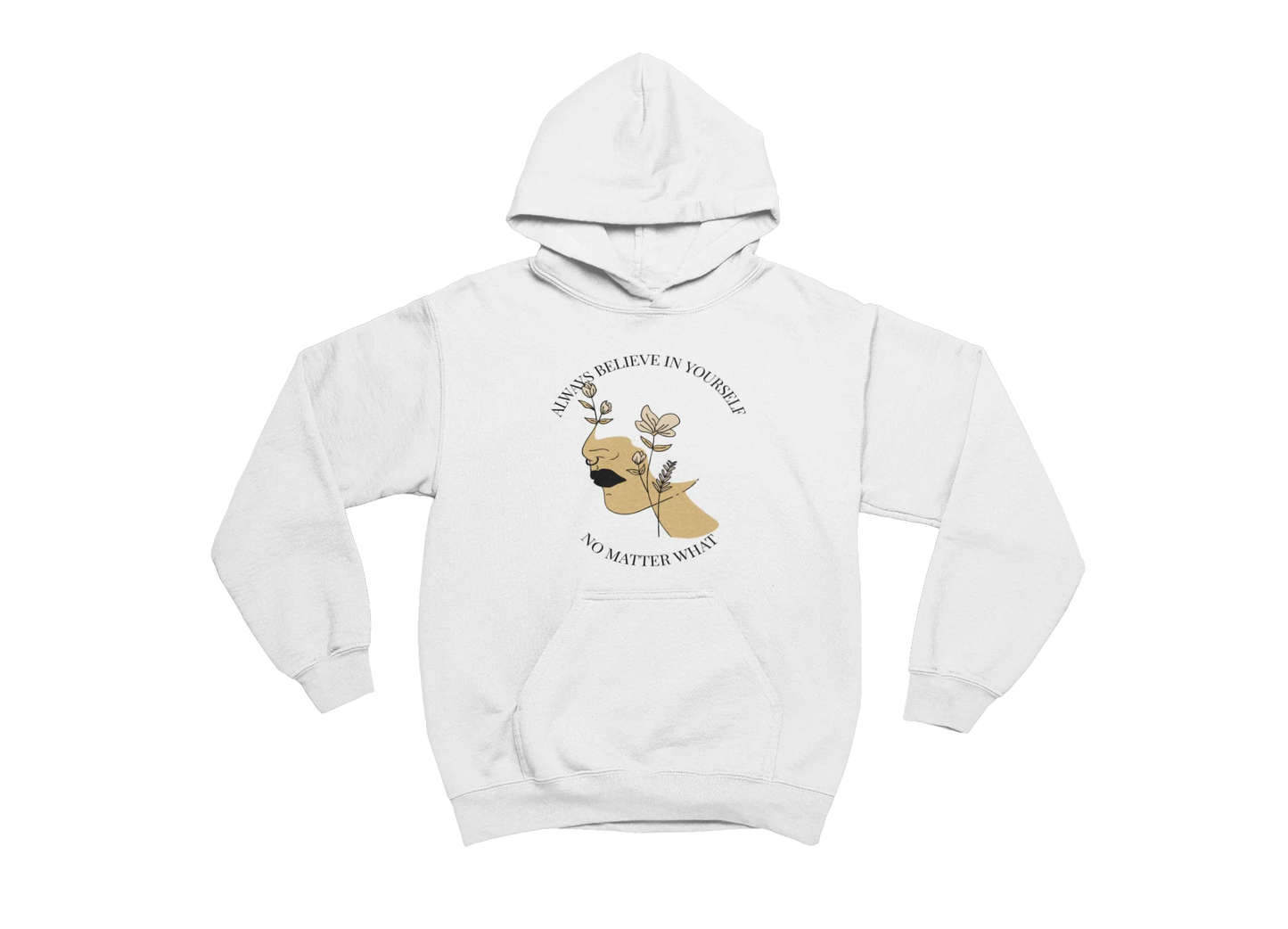 White hoodie with a graphic design and text on a white background