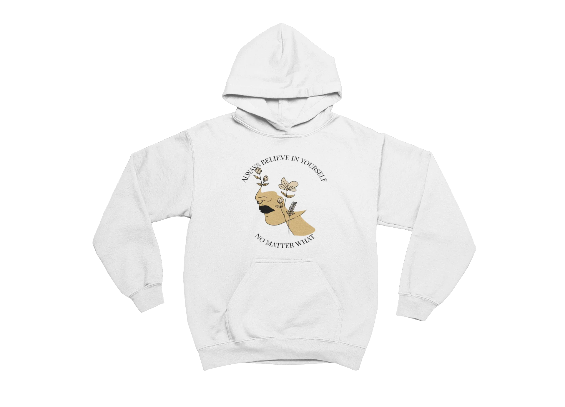 White hoodie with a graphic design and text on a white background